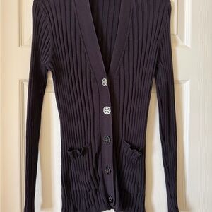 Tory Burch Slim Navy Ribbed Button-Front Cardigan